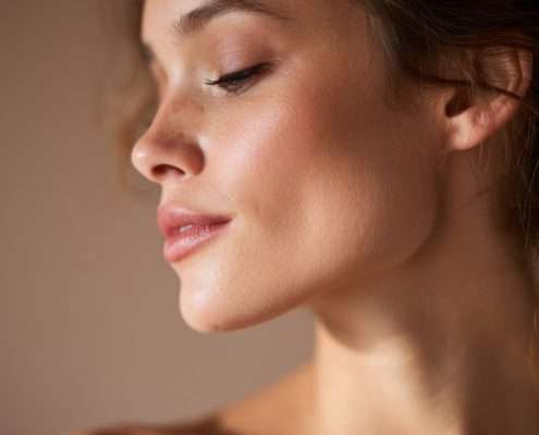 Profilansicht einer Frau mit praller, gefestigter Haut – Sinnbild für das Contour & Rejuvenate Facial mit Fokus auf Gesichtsmassage und Liftingeffekt