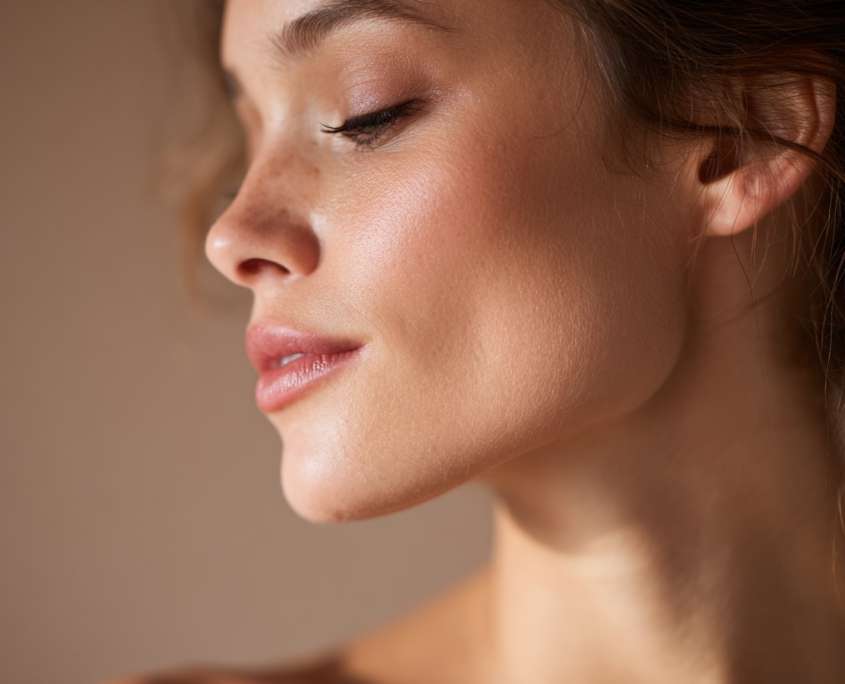 Profilansicht einer Frau mit praller, gefestigter Haut – Sinnbild für das Contour & Rejuvenate Facial mit Fokus auf Gesichtsmassage und Liftingeffekt