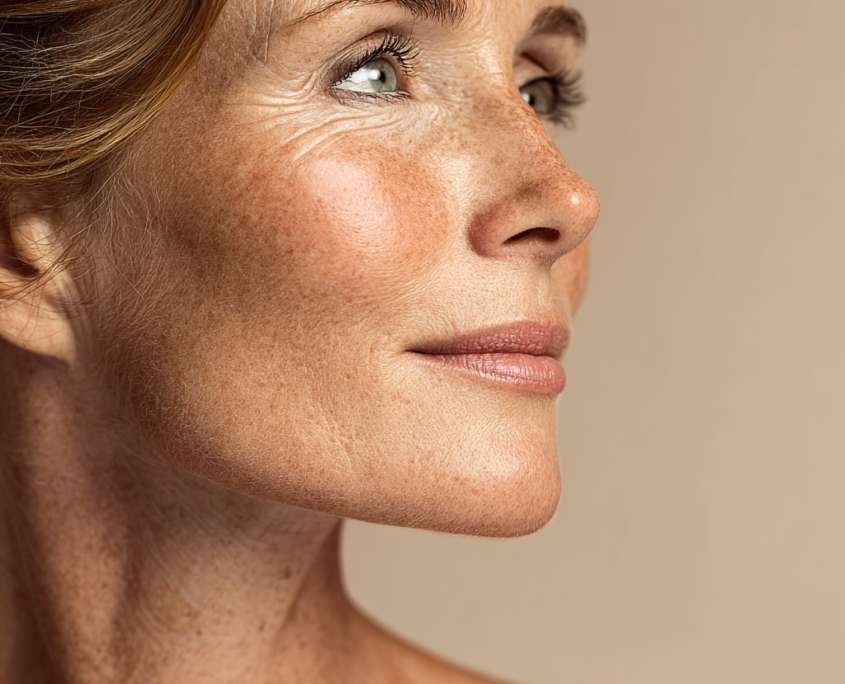 Porträt einer reifen Frau mit sichtbarer Hyperpigmentierung – Beispielbild für das Skin Brightening Facial zur Behandlung lichtgeschädigter Haut